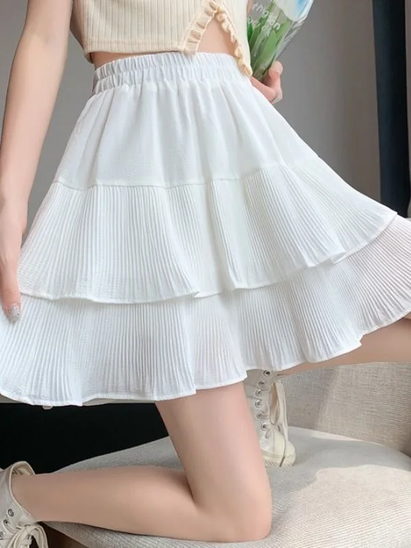 White Pleated f Skirt Women's High WaistDra Cake ort SkirtA Line Fluffy Skirt Commuting Sle Korean Version with Li...