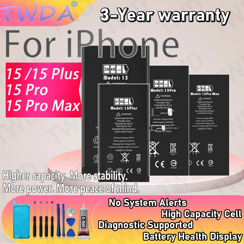 

High Capacity Battery with Diagnostics, Health Display, No Alerts For iPhone 15 PLUS 15 Pro Max Series +Free Tools