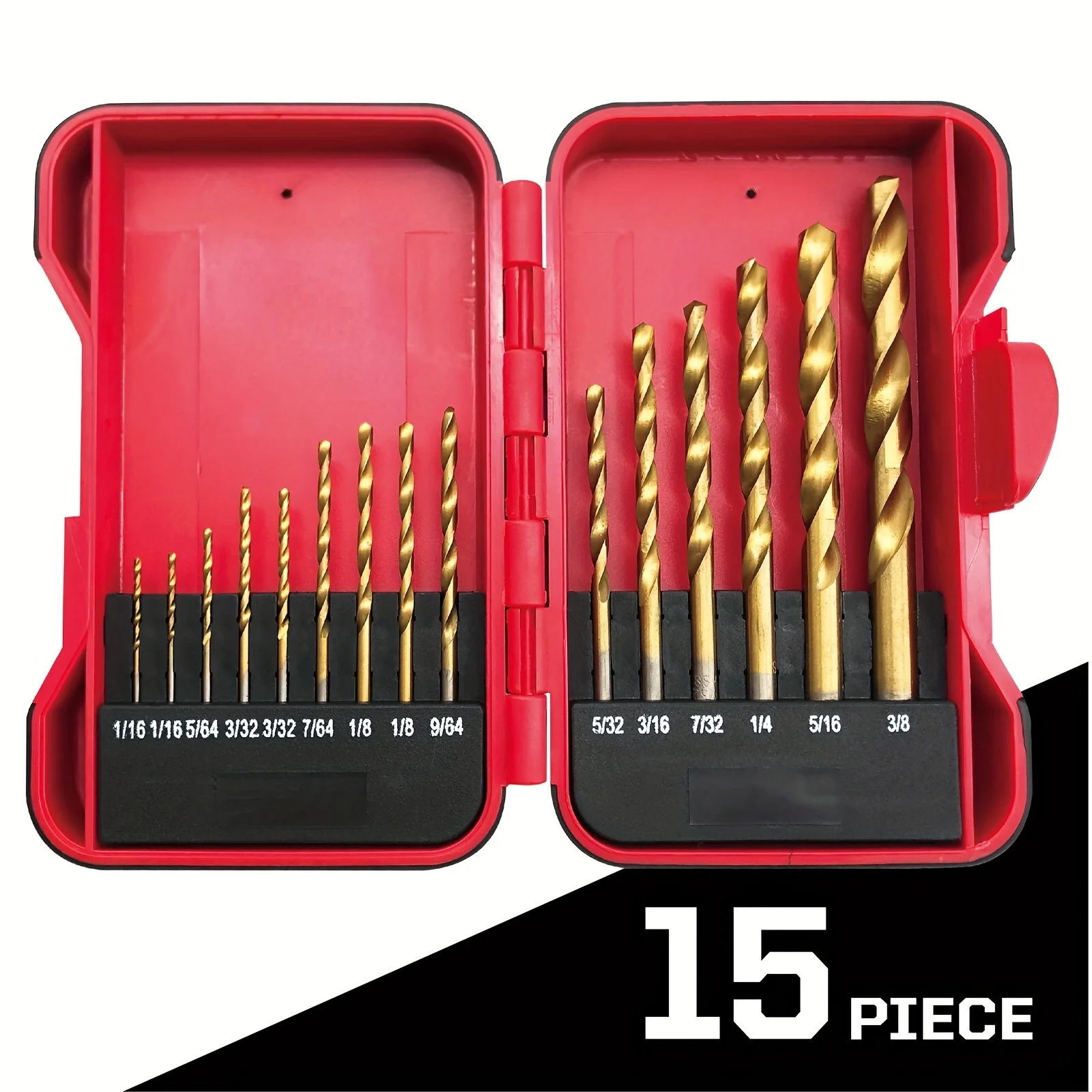 

15 Pieces Bits Set High Speed Steel Titanium Drill Bits Twist Drill Bits 1/16"-3/8" for Metal Steel Plastic and Wood