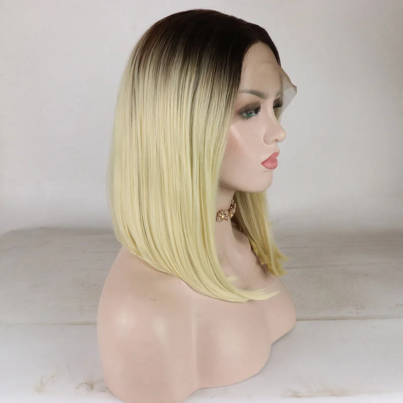 

Soft 180%Density Short Bob Straight Ombre Blonde 613 Lace Front Wig For Black Women With Baby Hair Glueless Synthetic Preplucked