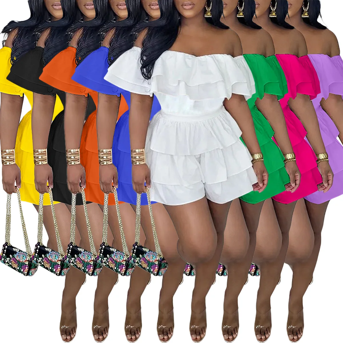 Jumpsuits Women One Piece Off Shoulder Playsuits Ruffles Overalls Short Pants High Waist Rompers Y2k Jumpsuit 2025 Summer