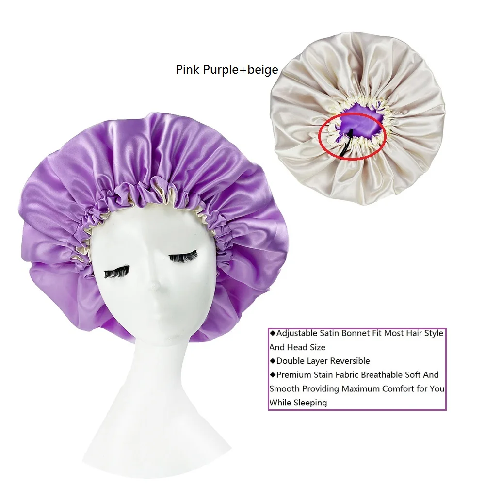 

Solid Extra Large Satin Bonnet Sleep Cap Double-sided Reversible Satin Bonnet Hat Silky Night Sleep Cover Cap Lady Hair Styling