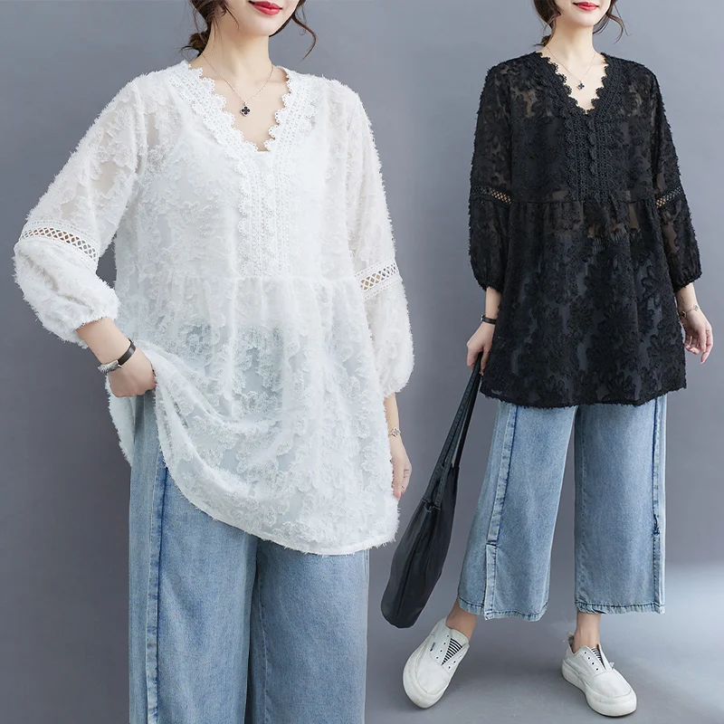 

Elegant Lace Shirt V-Neck Women's Fashion Unique Design Spring Summer Slimming Top Korean Style Loose Fit Lantern Sleeve