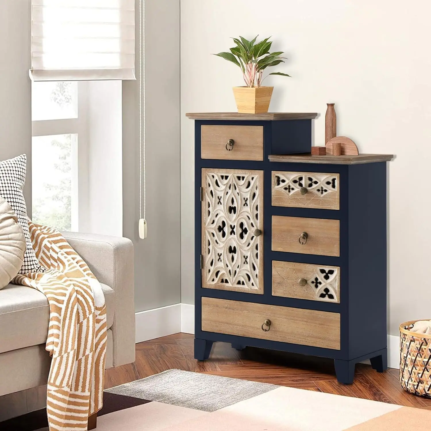 

#Vintage Storage Cabinet Carved Door Rustic Dresser Living Room Entryway Natural Blue Wood