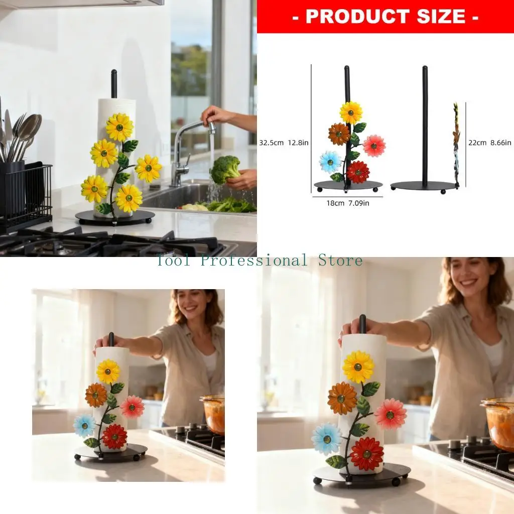 

57QF Unique Sunflowers Pattern Iron Tissue Stand Vertical Paper Towel Storage Rack Retros Paper Towel Organizers
