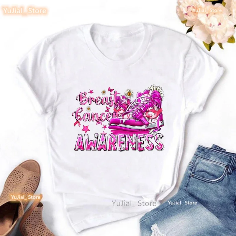 

Breast Caner Awareness Graphic Print T Shirt Women Fashion High Shoes Hope Tshirt Femme Summer Fashion Butterfly T-Shirt Female