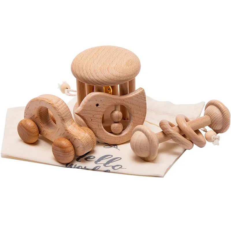 Beech Wooden Rattles Wood Montessori Baby Stroller Toys Teething Rodent Ring Musical Rattles Cognition Early Educational Toys