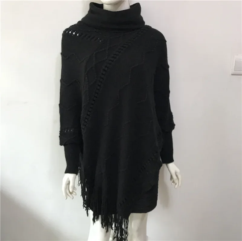 Spring Autumn New Imitation Cashmere Tassel Sweater Women's High Neck Warm Sleeve Pullover Cloak Lady Sunscreen Red