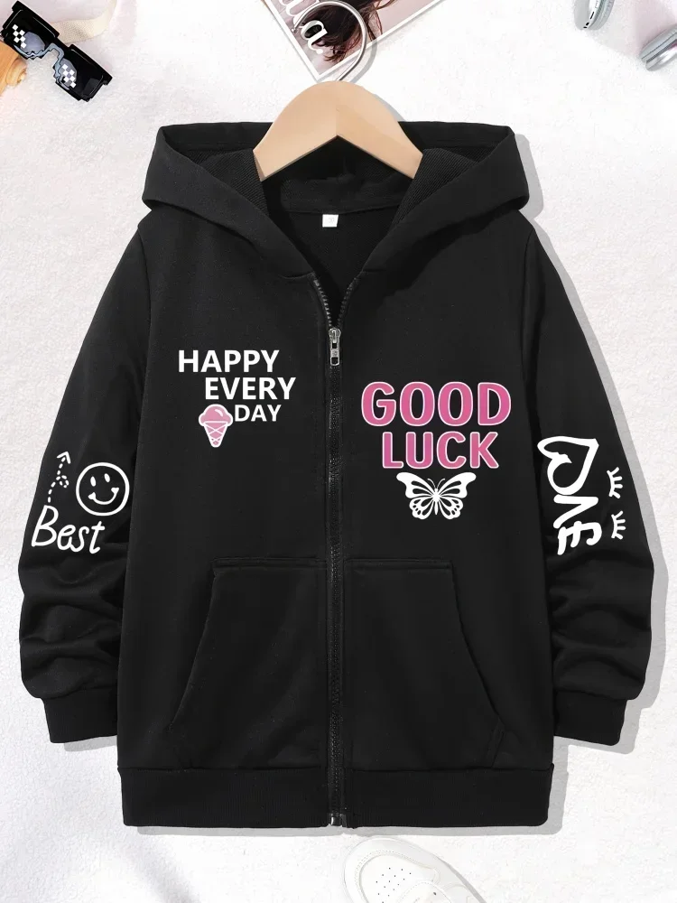 Kids Full Zip Hoodie Sweet Positive Slogan Butterfly Ice Cream Love Best Sleeve Graphic Long Sleeve Loose Hooded