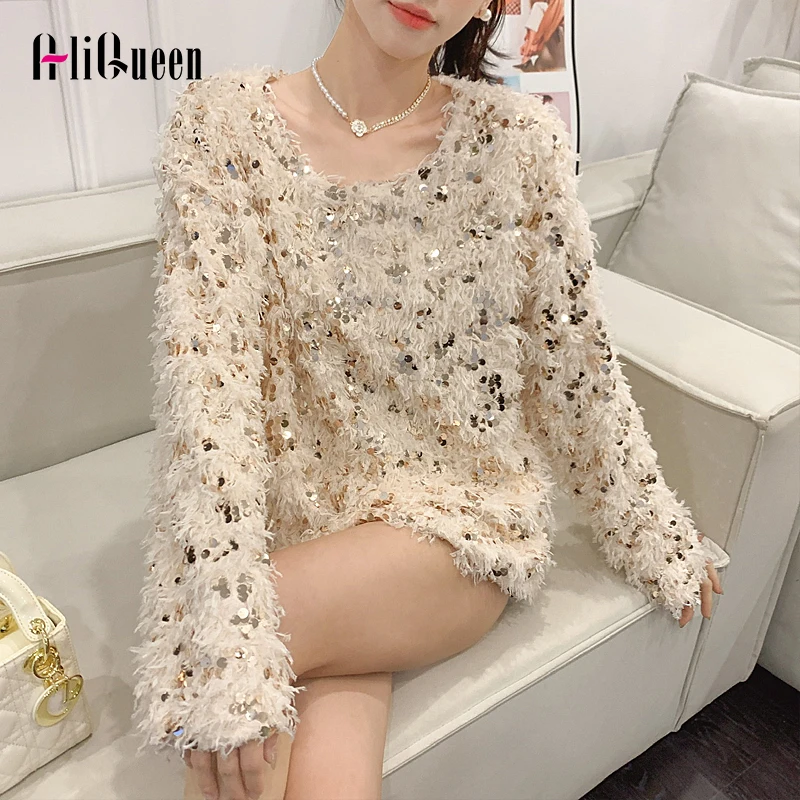 

Women Sequin Tassels Loose Sweater Top Slim Basic Sexy Korean Fashion V Neck Long Sleeve Blouse Autumn Women Blouse Pullovers