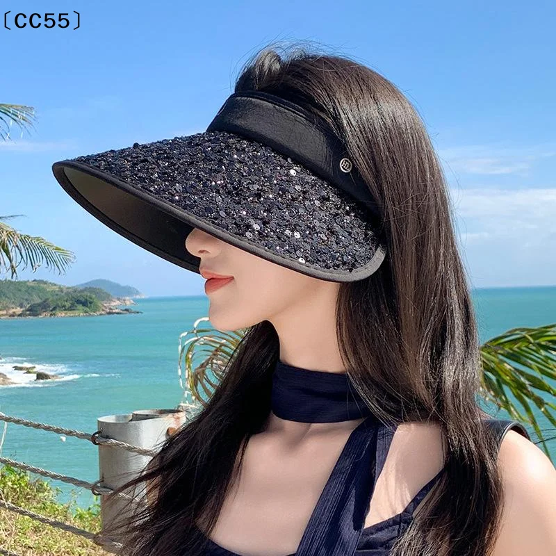 Sequin Wide Brim Sun Visor Hat UV Protection Foldable Empty Top Cap For Women Outdoor Beach Travel〔CC55〕