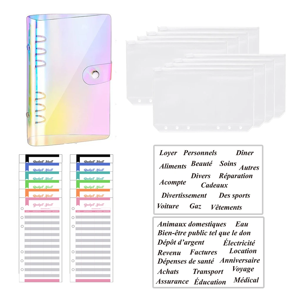 

PVC Budget Binder Cash Envelope Organizer A6 Notebook Planner 2Pcs French Alphabet Stickers 8pcs Zipper Pocket Dropshipping