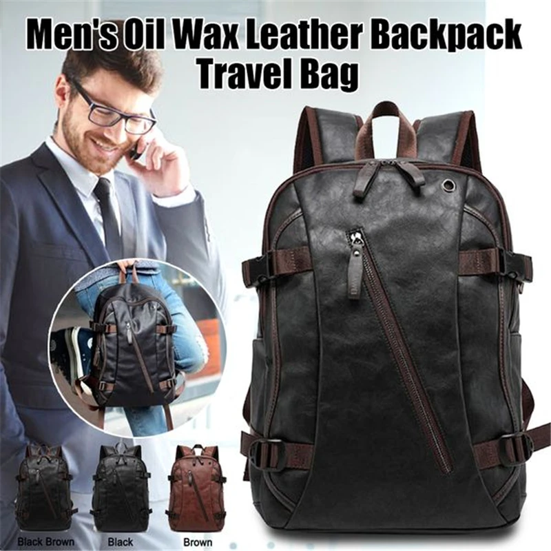 

Men Oil Wax Leather Backpack Large Capacity College Style Schoolbag with Headphone Hole New Anti Theft Business Laptop Backpack