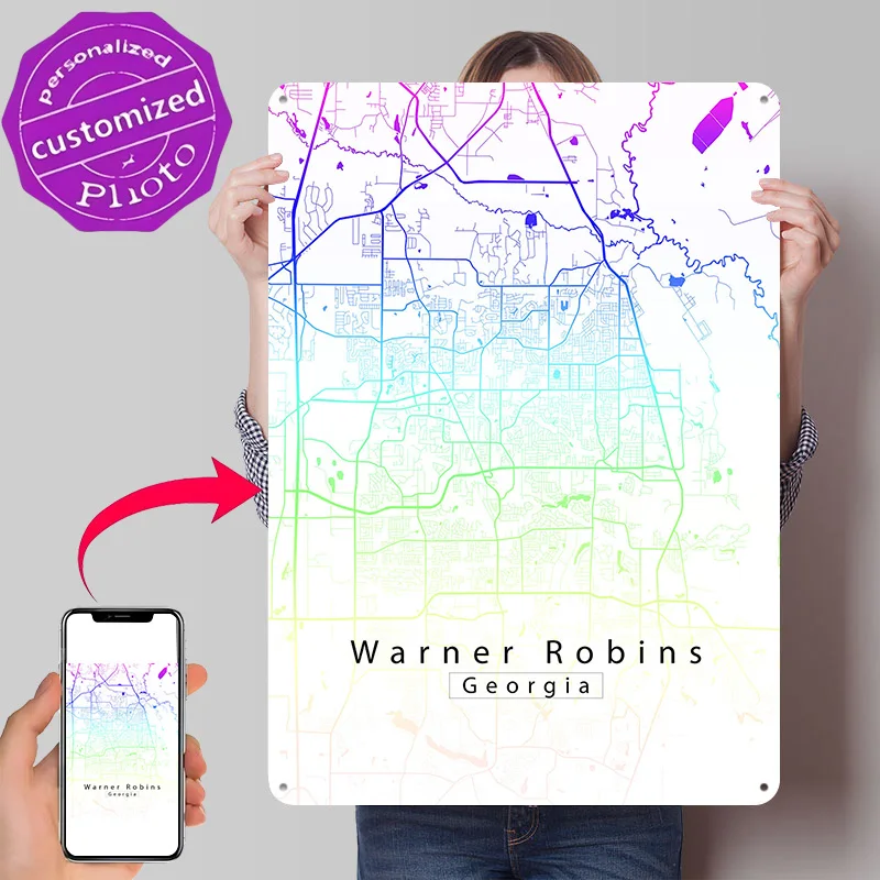 Warner Robins Georgia Map Personalized 3D Textured Metal Poster Wall Art Vintage Tin Signs for Living Room Interior Decoration