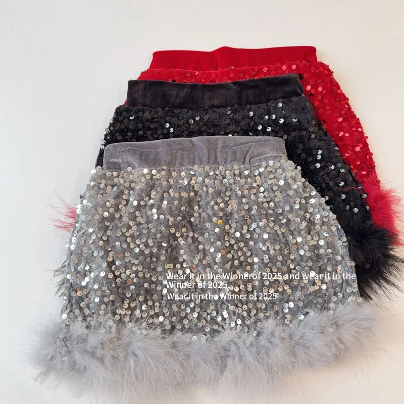

Baby Girls' Sequins Mini Skirt Short - Sequin Furry Patchwork, High-Waisted Anti-Slip, Birthday Christmas Holiday Party Skirts