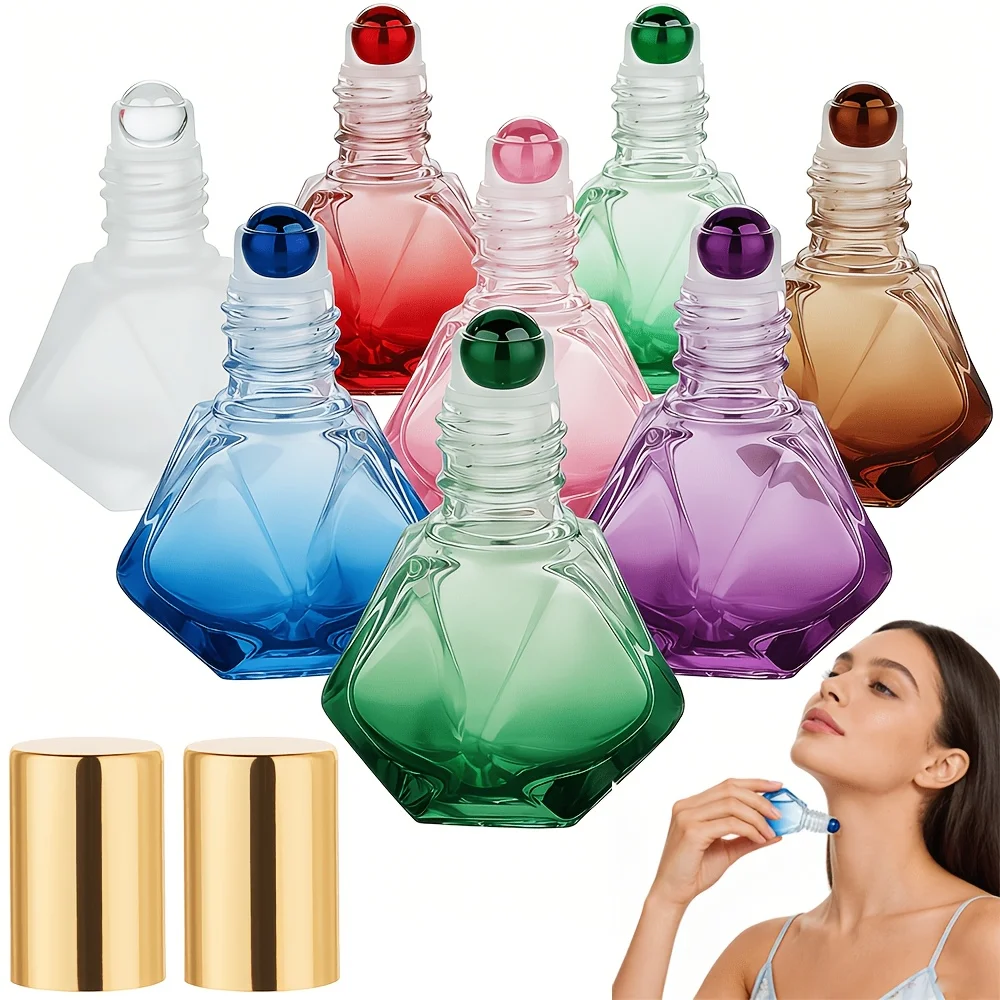 Diamond-shaped colored glass rolling ball essential oil bottle 7ml, perfume essence liquid rolling ball bottle