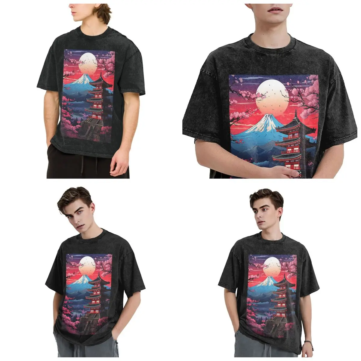 Streetwear T-Shirts Japan Sakura Cherry Blossoms With A Red Rising Sun Washed T Shirt Short Sleeve Hip Hop T-Shirt Tops Tees