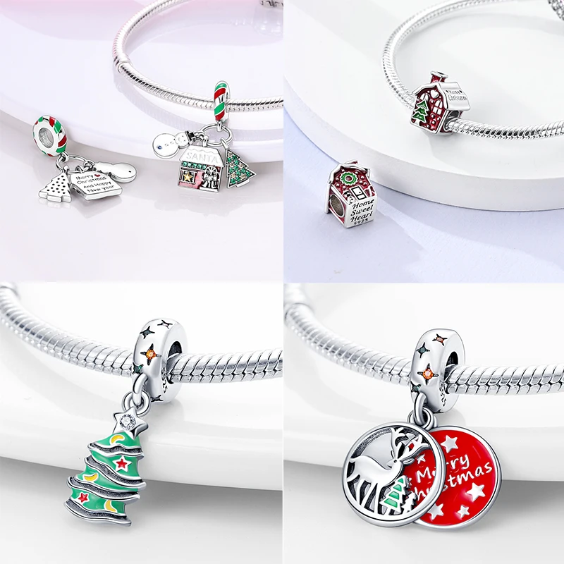 Christmas Charms Beads 925 Sterling Silver Christmas Tree Snowman Elk Charm Fit Original Bracelet Pendents Women Party Jewelry