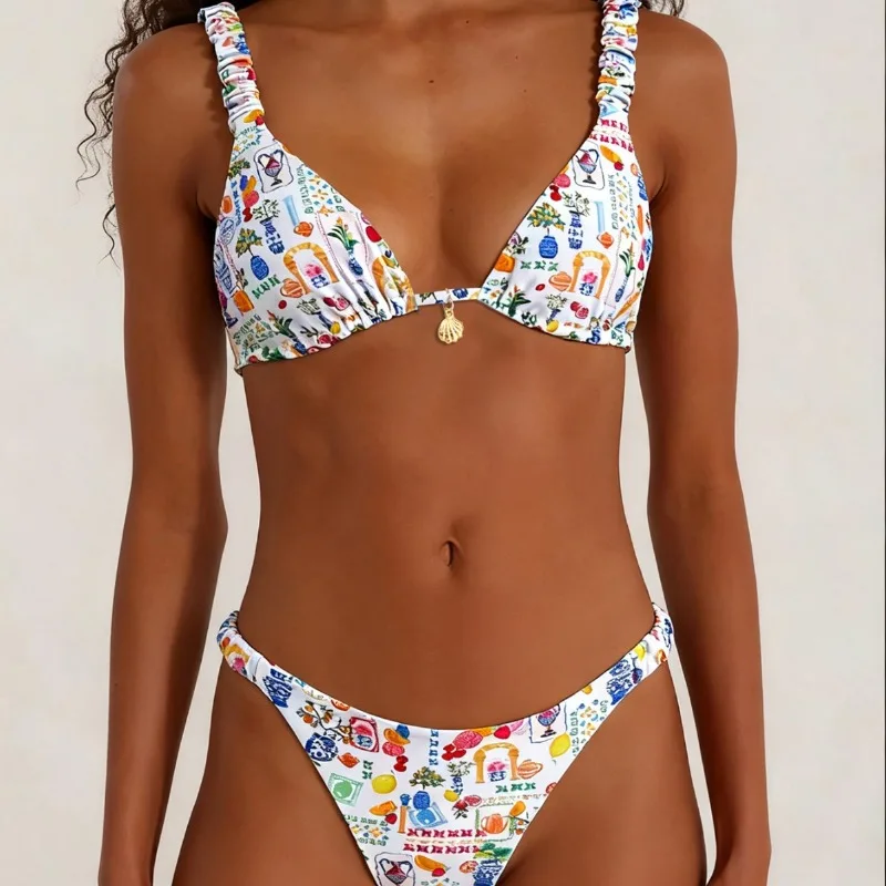 

2026 New Sexy Bikini Swimsuit Women's Fashion Print Separate Beach Vacation Swimwear Trendy Hot Girl Style Floral Nylon Fabric