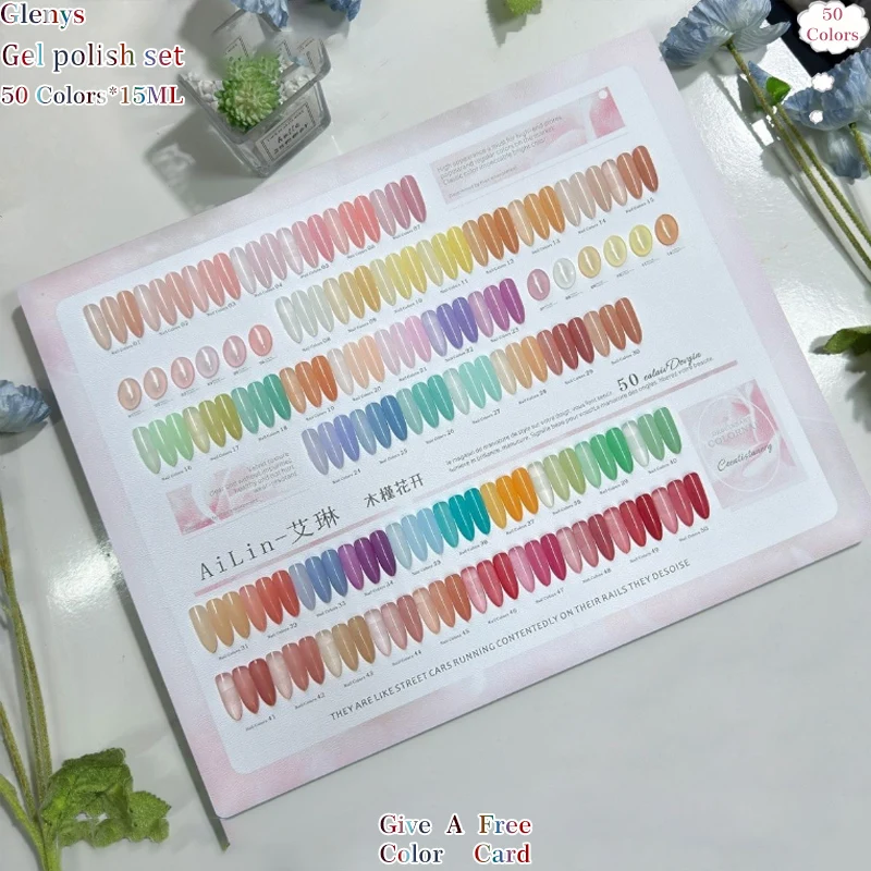 Glenys 50 color nail polish glue popular immersion gel color matching card nail salon nail art varnish set