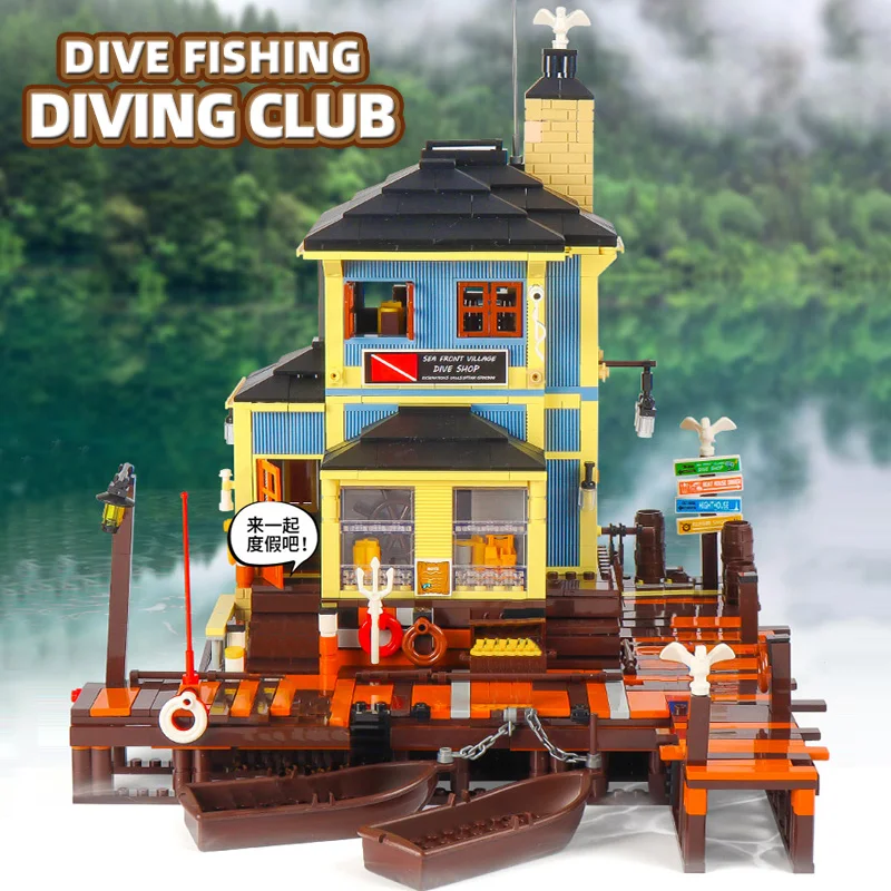 

PG12003 2196pcs Boat House Diner Modular Bricks Old Fish Store Moc Building Blocks Streetviews PG12001 Toys The Dive Shop Model