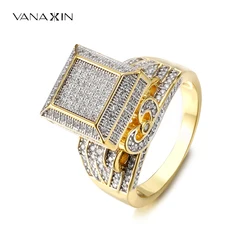 VANAXIN Iced Out Hip Hop Big Square Ring Men Cubic Zirconia Paved Bling Fine Rapper Jewelry 14k Gold Plated