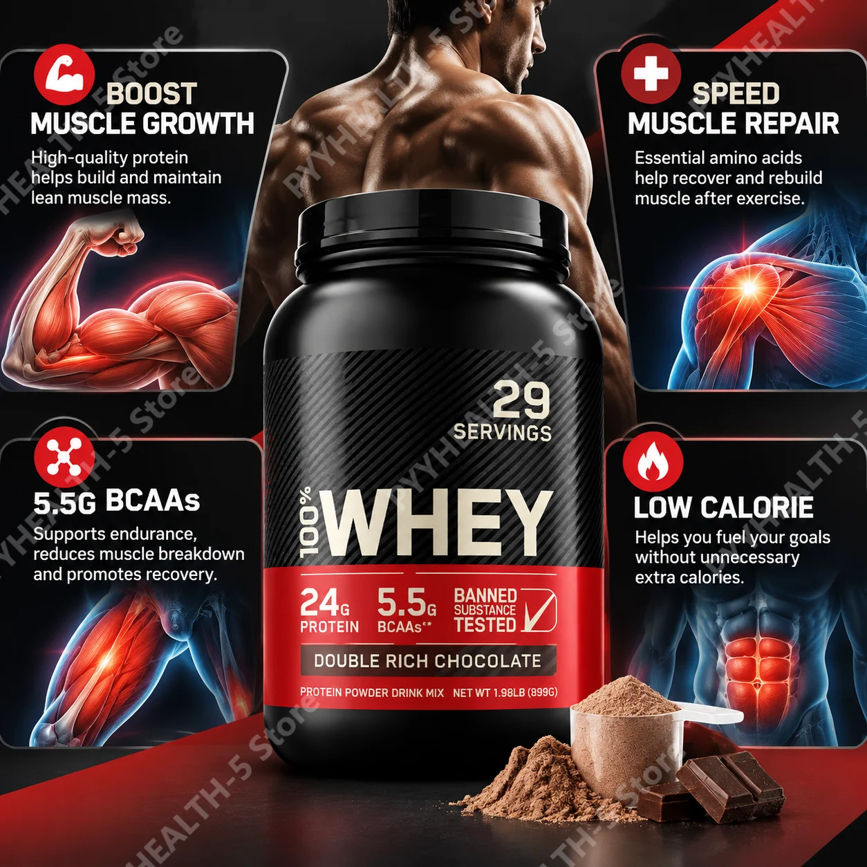 Whey Protein Powder Boost Muscle Growth Speed Muscle Repair 24g Protein 5.5g BCAA Low Calorie Gluten Free 899g 29 Servings