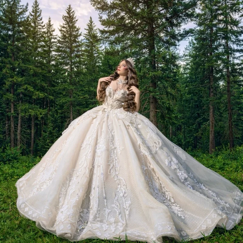 

Светлое платье Quinceanera цвета шампанского с блестящей наклейкой, длинный хвост с открытыми плечами, кружевное многослойное платье Vestidos De 15, Quinceanera ﻿ Настроить