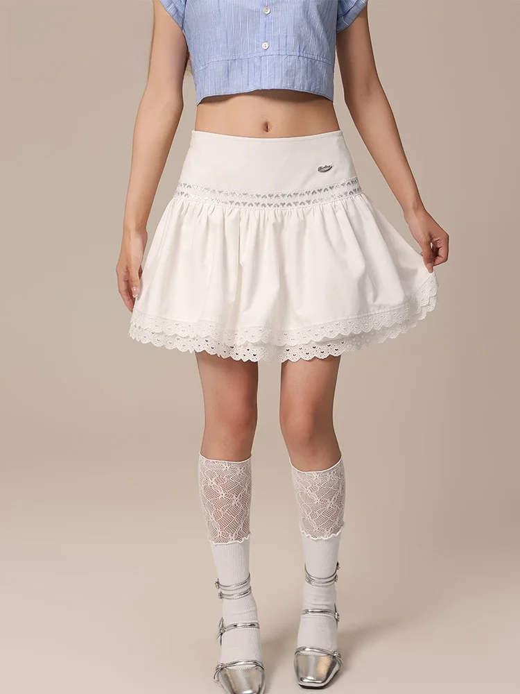 

Original Design SmoothlyRun Lace Trim f Skirt Sweet Sle High Waist ort Length Pure Color Polyester Cotton Blend Skirt