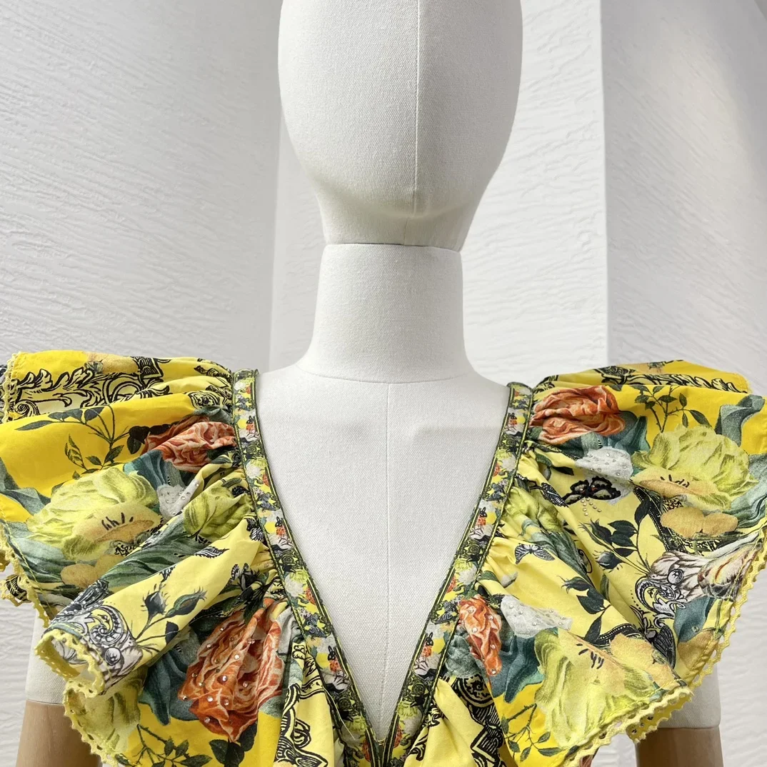 Mini robe à imprimé floral jaune pour femme, sans manches, col en V, diamants, volants PMurcia, taille découpée, vacances, été, nouveauté, 2024