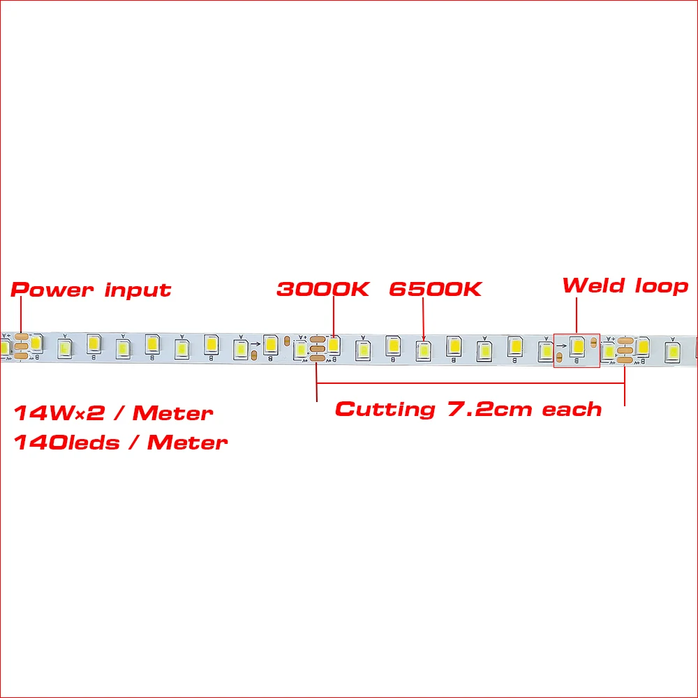 شريط LED مع 3 وصلات لحام ، 5 أمتار ، 2835-7mm-140D ، 3 ألوان ، تيار مستمر ، 14 واط × 2 لكل متر ، 5B7C x 2 ، رقاقة SANAN مع 3000K + 6500K