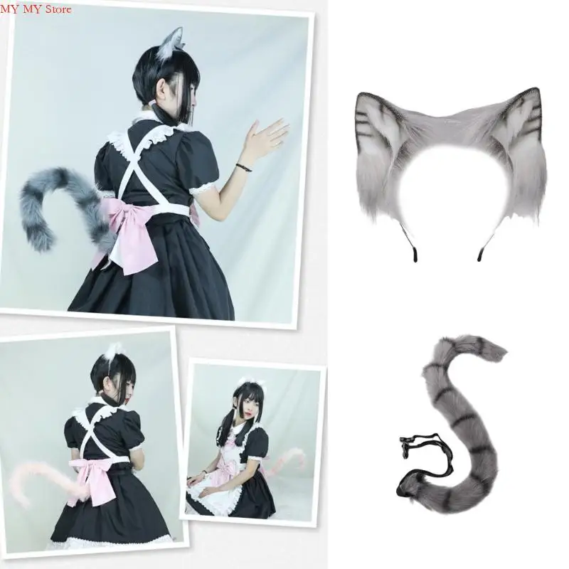 

Plush Cats Ears Headbands Tail Soft Costume Hair Accessory for Halloween Parties Kids Adults Adjustable Cartoon Hairband