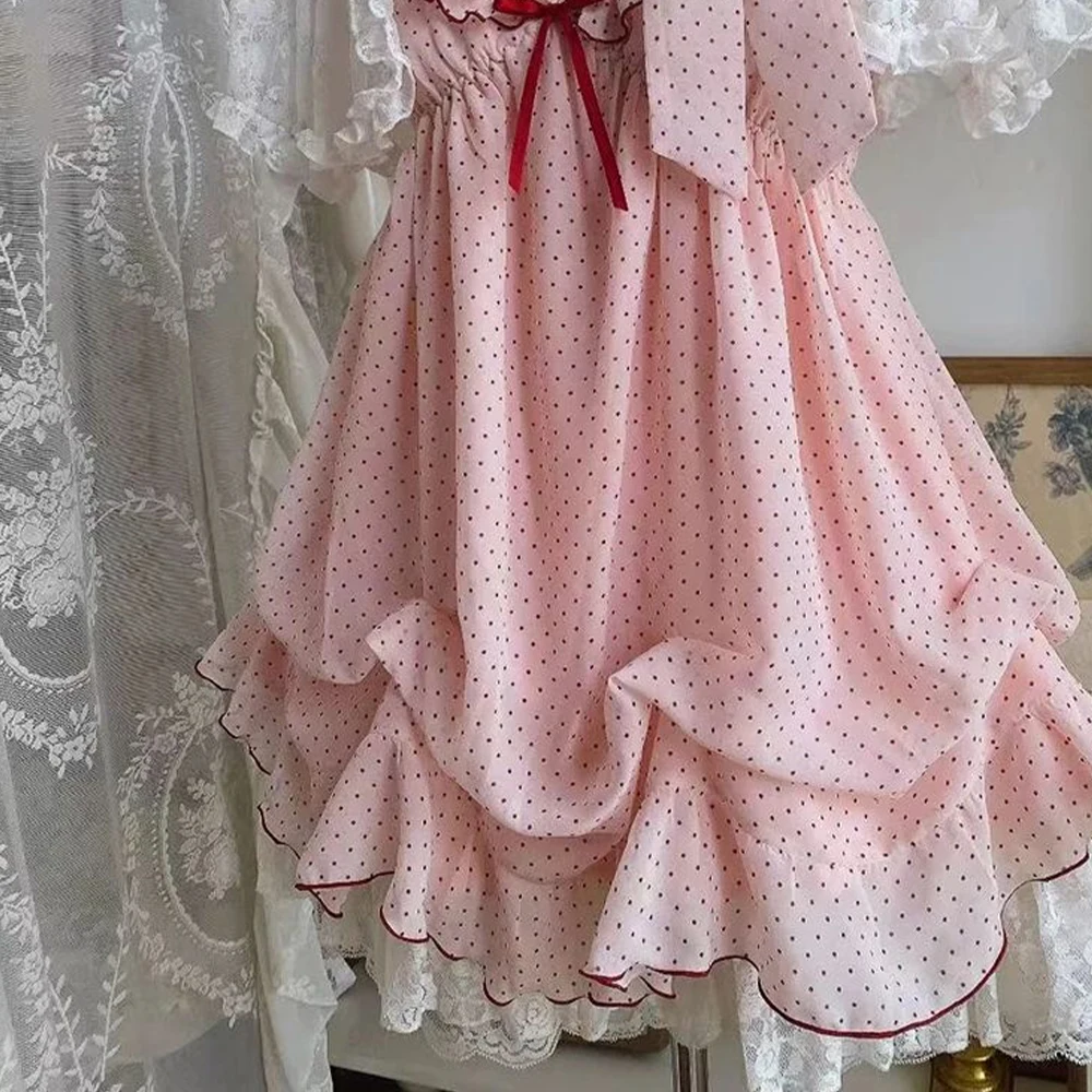 Vestido Rosa Kawaii Lunares Volantes - close-up view
