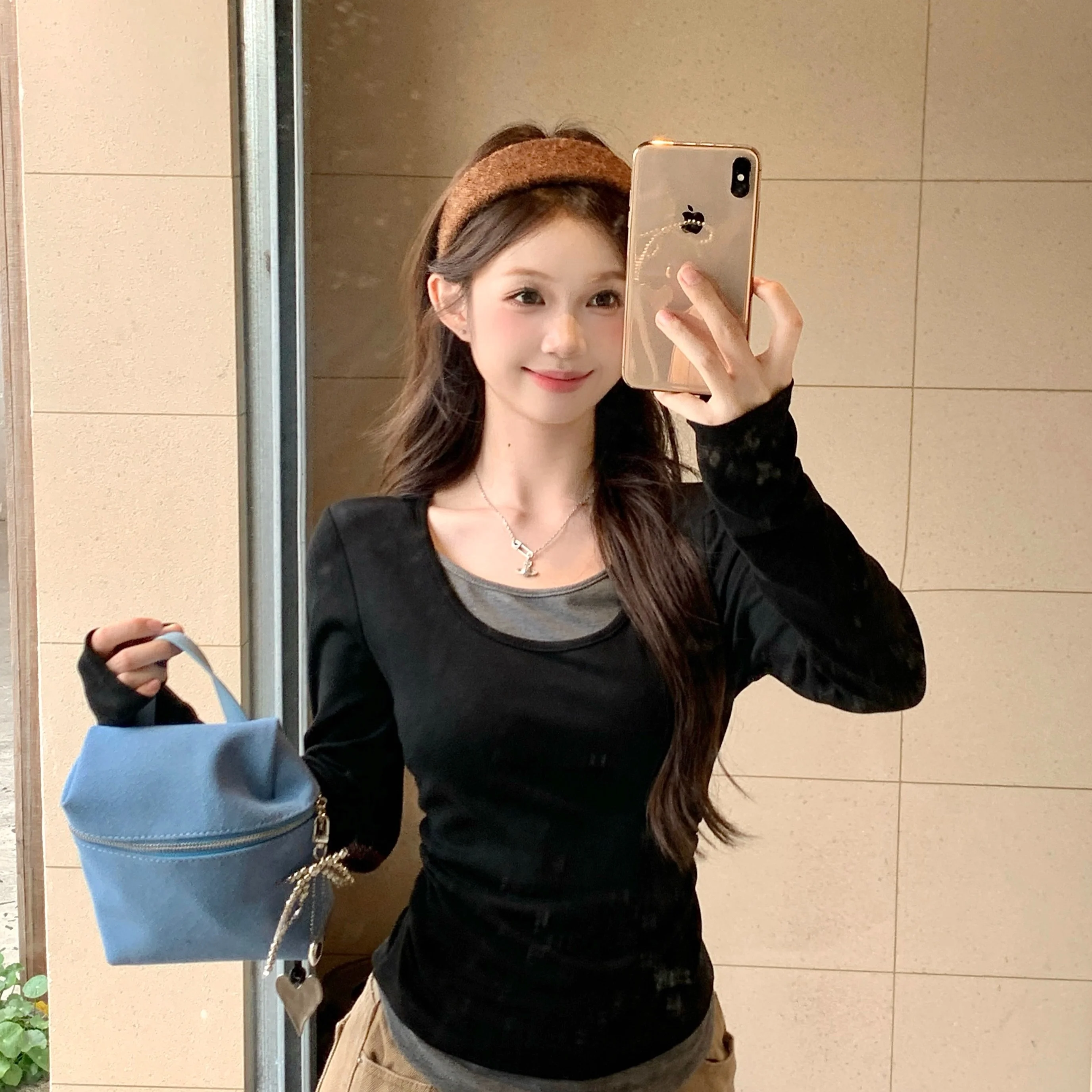 

2025 New Thiened Floing Slim Fit round Ne Base irt Color Blo T-irt Women's Casual Sle Long Sve Autumn Winter...