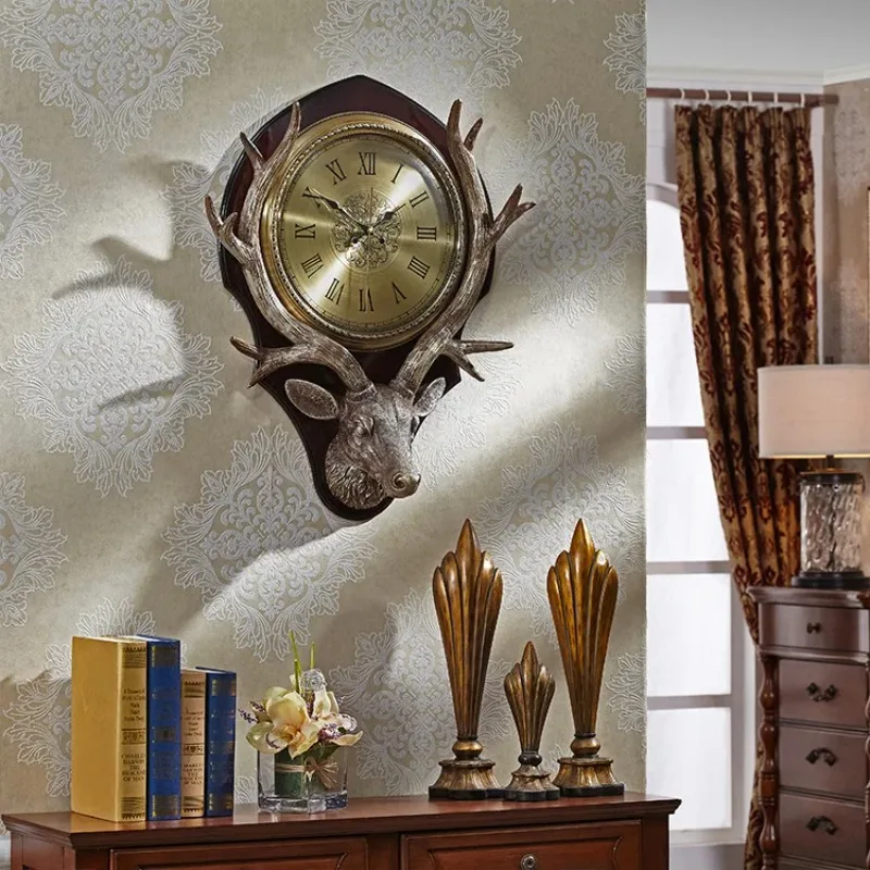 European style clock, living room, retro, creative,fashionable, American style wall watch,quartz clock, big deer head wall clock