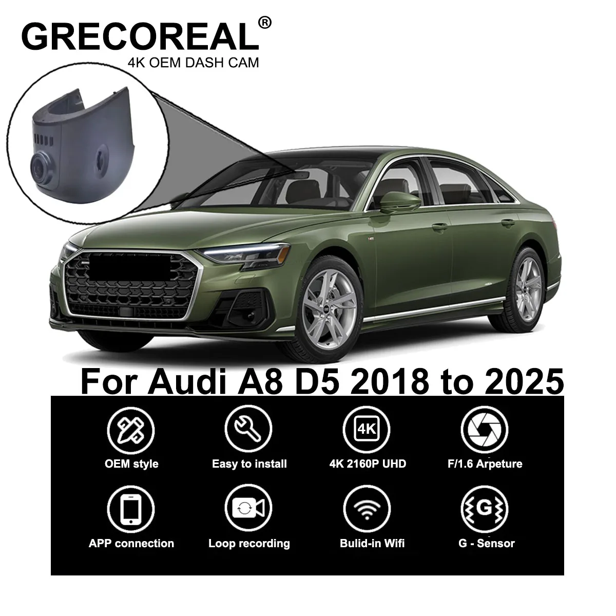 

GRECOREAL 4K Dash Cam Front and Rear 2160P WiFi Car Dual Dashcam APP Control Easy Install Plug Play Compatible with Audi A8 D5