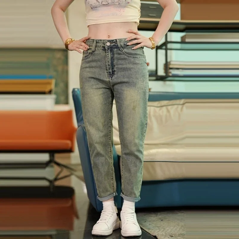 Waed Denim Calças masculinas de 9 peças American Retro Mud Color Casual Faionable Loose Fit Algodão Jeans de perna reta