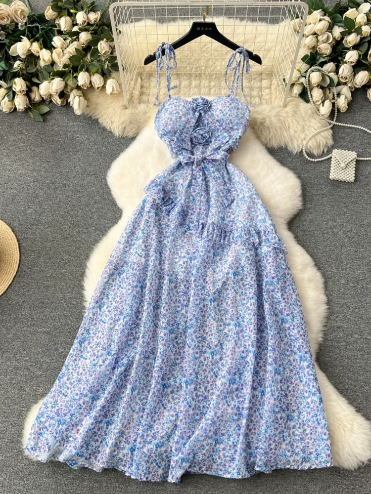 

Women Elegant Sexy French Vintage Print Long Dress Summer Beach Vacation Party Beach Dress Hollow Bohemian Robe Vestidos