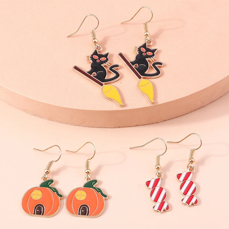 Aihua 6pcs Fashion Halloween Earring Set Enamel Eyeball Ghost Bat Spider Mummy Pumpkin Earrings Halloween Night Party Jewelry
