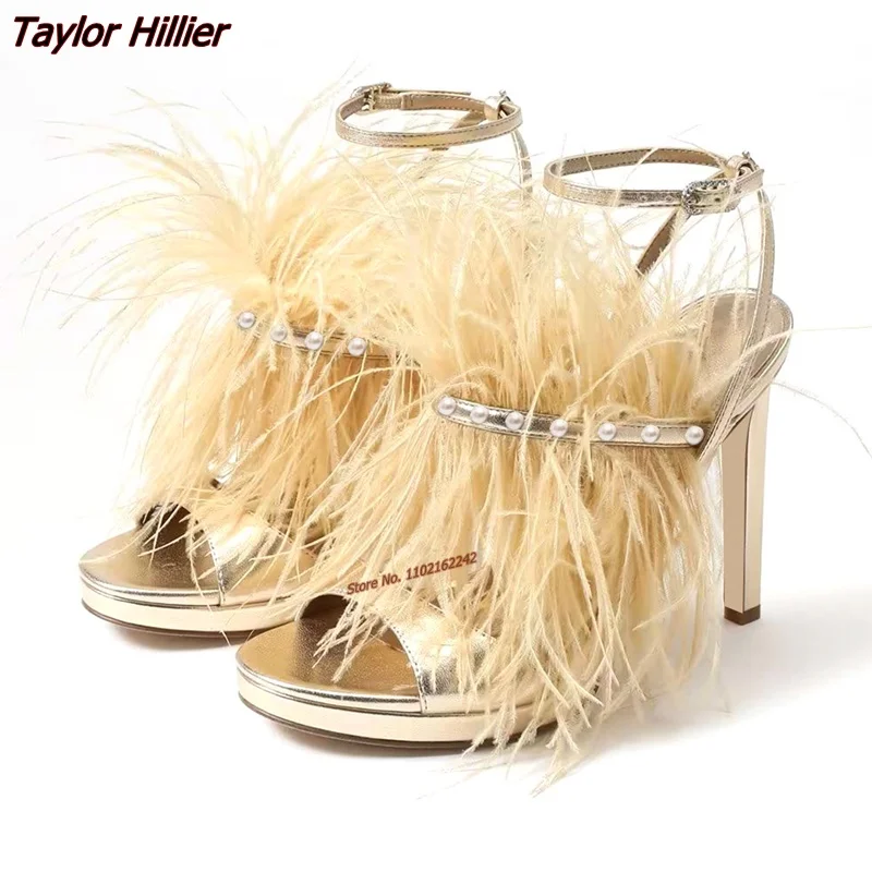 Summer New Gold Feather Pearl Water Table Sandals Round Toe Stiletto Buckle Strap High Heels Fashion Banquet Dress Women'S Shoes