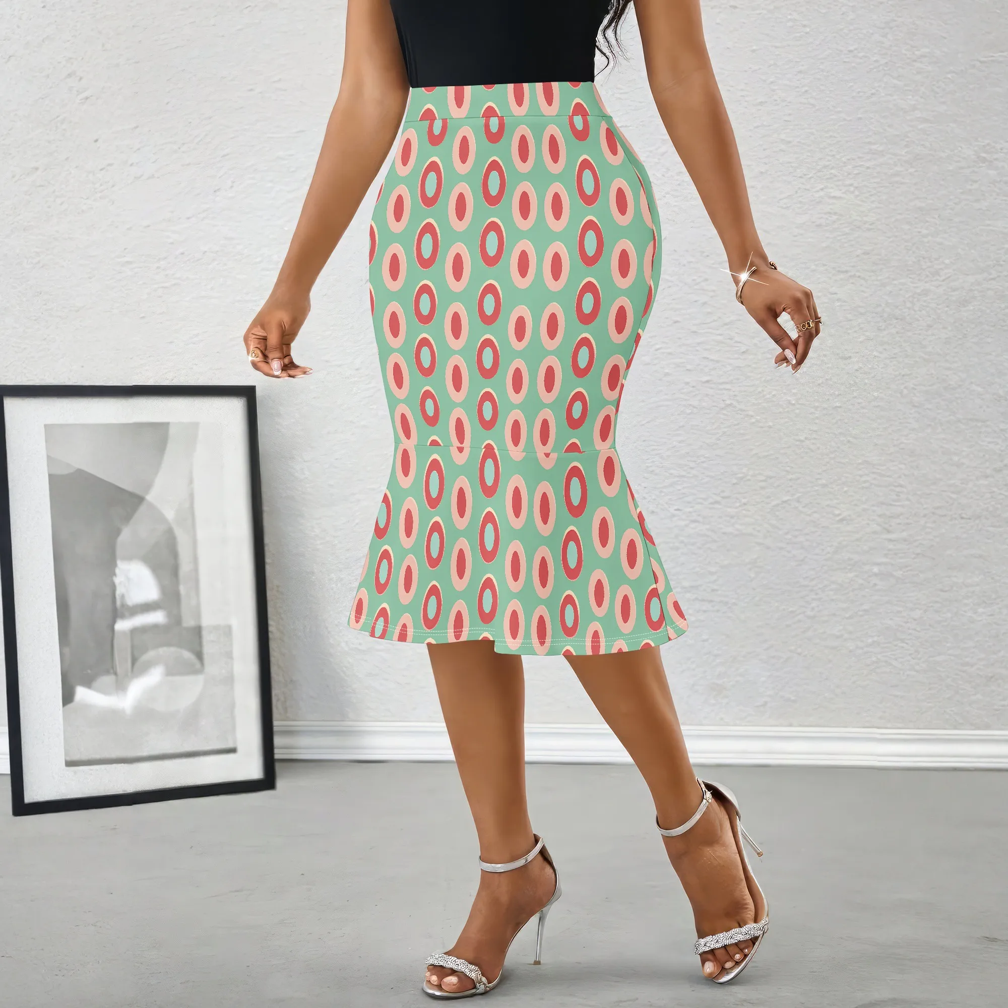 Retro Print Skirt Mint Green Pencil Skirt Vintage Circle Pattern, High Waist Mermaid Hem Elegant Office Wear Party Midi Skirt