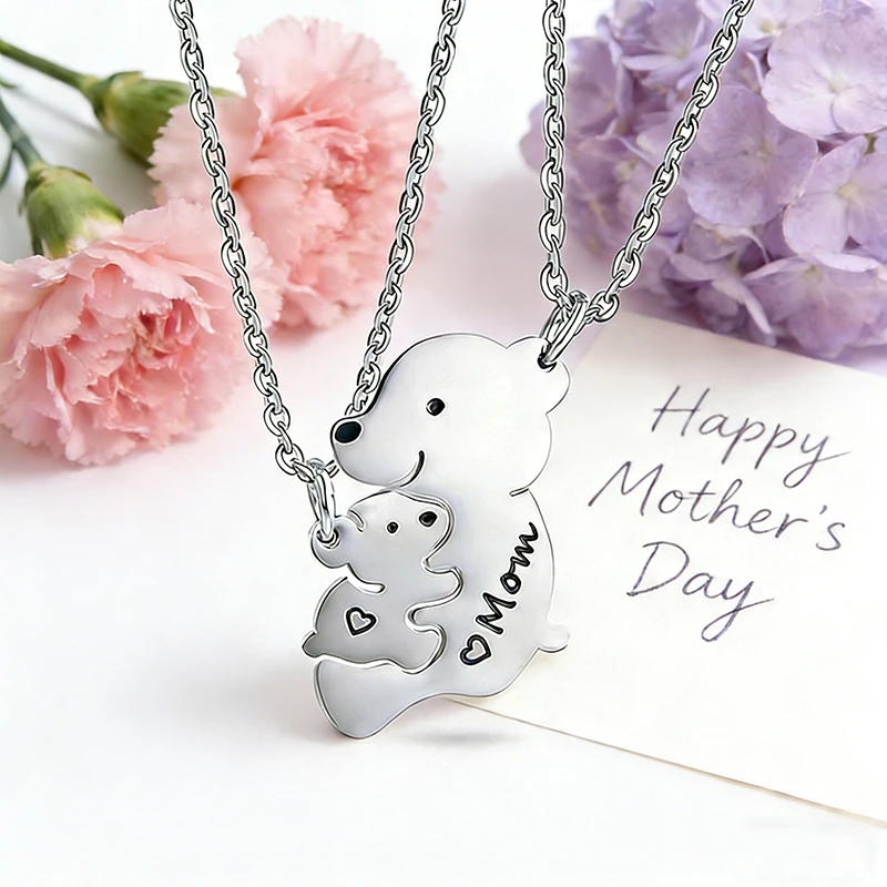 2 Pcs/Set Cartoon Mother And Child Bear Matching Necklace Stainless Steel Family Jewelry Gifts