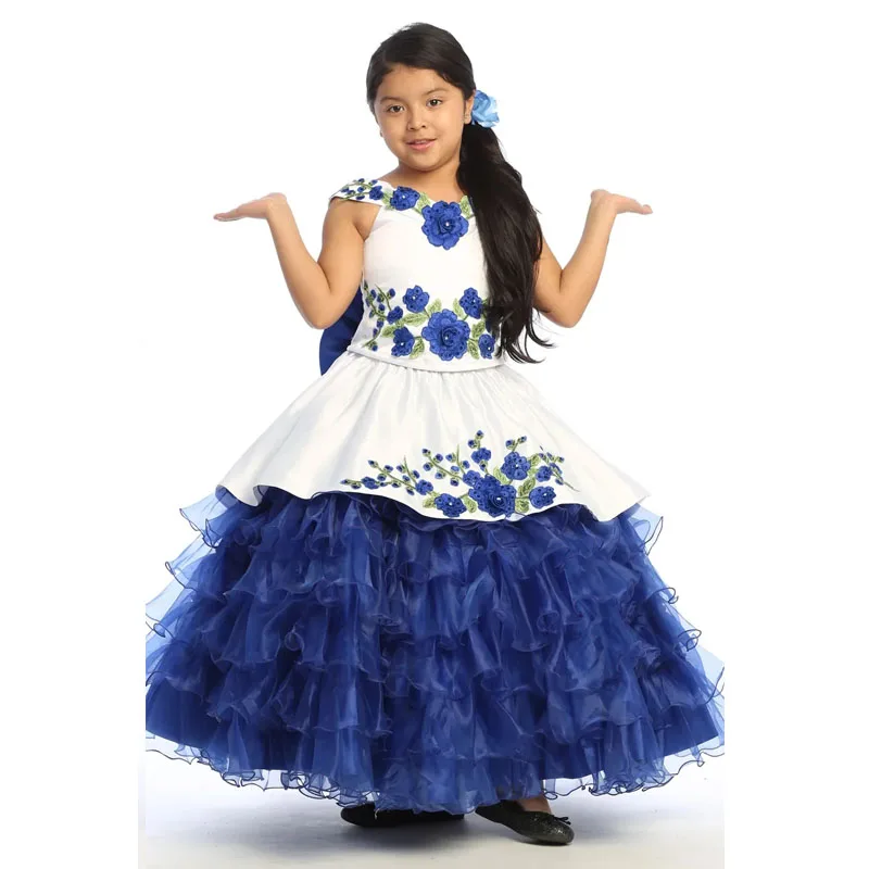 Blaue Mini Quince anera Kleider Ballkleid V-Ausschnitt Organza Applikationen Blumen mädchen Kleider für Hochzeiten mexikanischen Festzug Kleider Baby