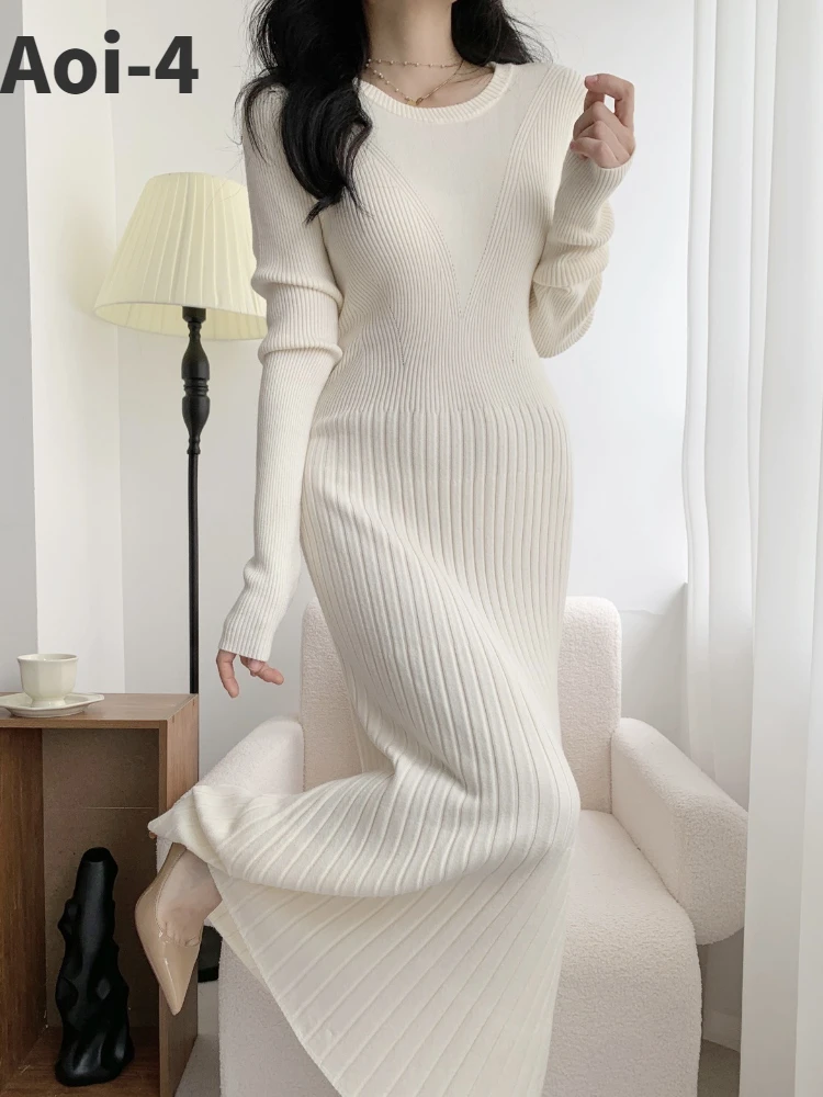 

Fashion Commuter Knitted Dress Women's 2023 Autumn Winter Mid-Length O-Neck A-Line Dresses Waistline Slimming Base Sweater Dress