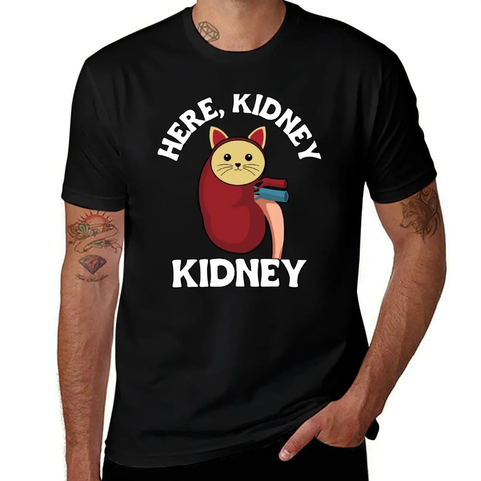 Funny Kidney Donor Or Transplant Here Kidney, Kidney Cat Pun Kidney Cancer Awareness T-Shirt Long Lasting Casual T-Shirt
