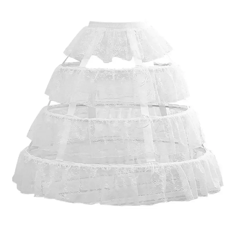 Womens White 4 Hoops Petticoat Skirt Ruffles Floral Lace Adjustable Drawstring Underskirt Lolita Cosplay Dress Crinoline