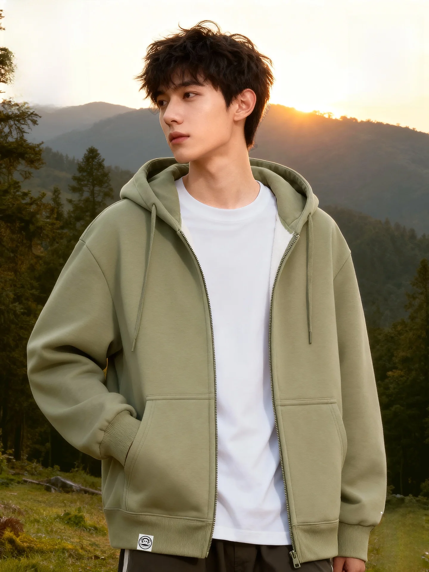 

Heavyweight Hooded Sweatirt Men's Winter Youth Thiened Fce Casual Sle Zipper Closure Kangaroo ket