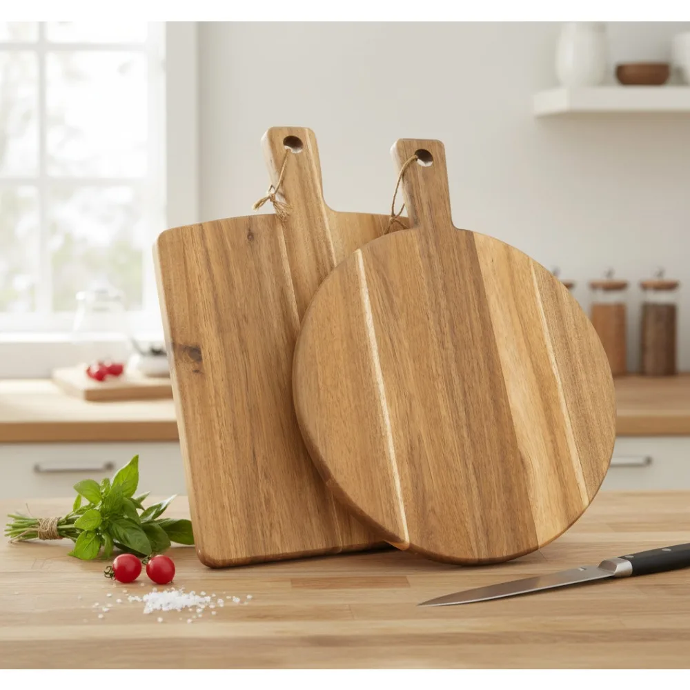 

2-Pack Acacia Wood Cutting Boards with Handle, Large Charcuterie Serving Tray for Cheese Meat Fruit Pizza