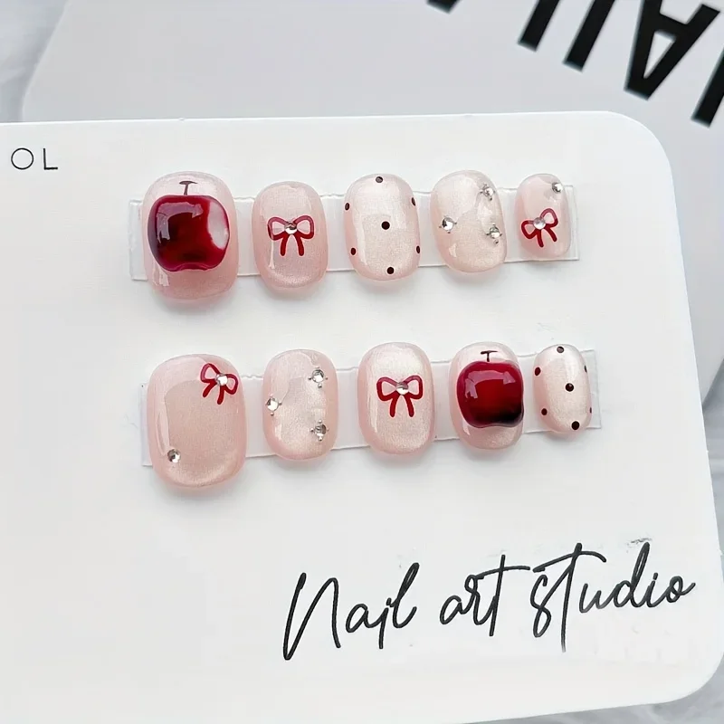 

10Pcs Handmade Press on Nail 3D Little Apple Hand-Painted Cat's Eye Bow False Nail Short Oval Removable Wearable Nail for Women