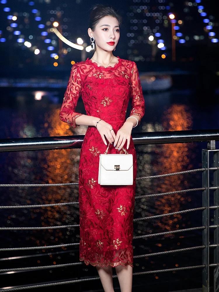 Evening Dress 2023 New Lace Cheongsam Spring Red Young Mom Mother-in-law Wedding Party Wedding Dress Girl